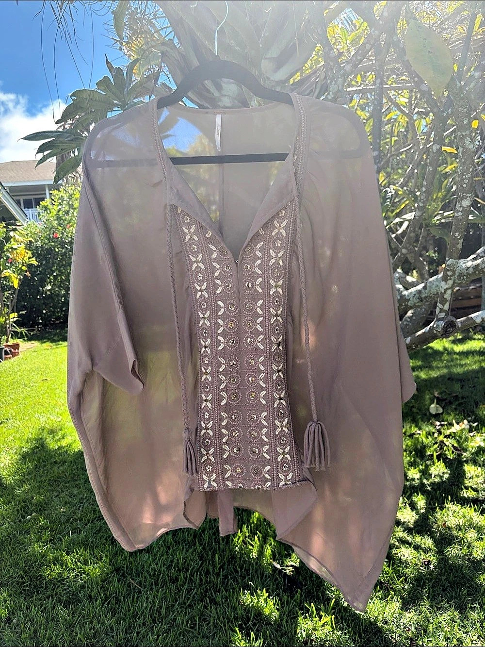 Free People Embroidered Sheer Tunic tan XS